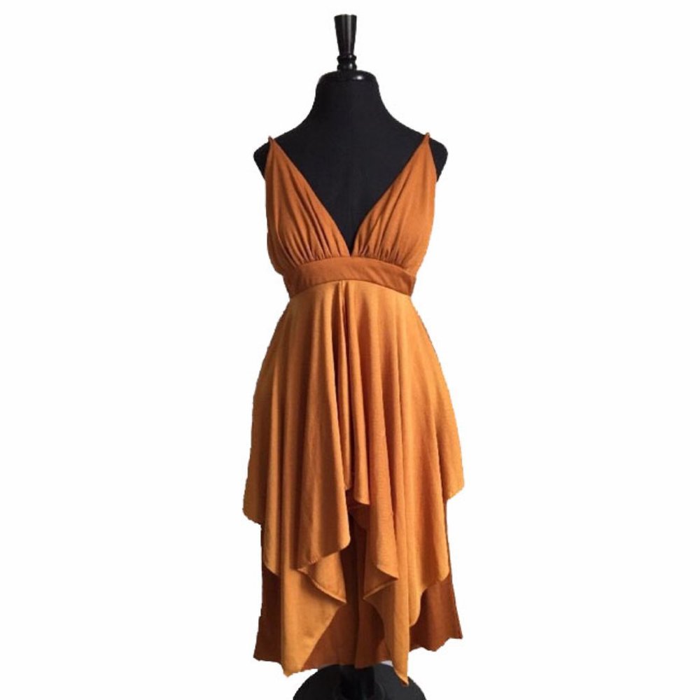 Vtg 70s Copper Asymmetric Hankie Hem Romper Dress… - image 1